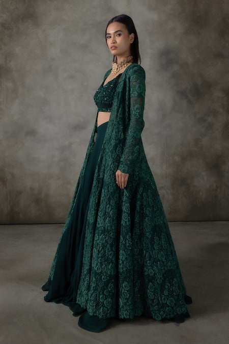 Premya By Manishii Green Lace, Georgette Embroidery Open Neck, Hand Jacket Lehenga Set at Aza Fashions Premya By Manishii_Green Lace, Georgette Embroidery Open Neck, Hand Jacket Lehenga Set _at_Aza_Fashions