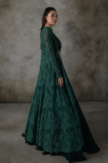 Buy Premya By Manishii Green Lace, Georgette Embroidery Open Neck, Hand Jacket Lehenga Set Buy_Premya By Manishii_Green Lace, Georgette Embroidery Open Neck, Hand Jacket Lehenga Set