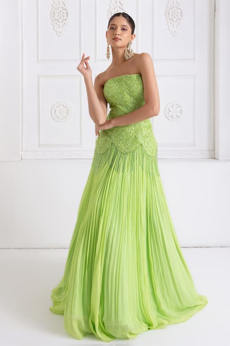 Premya By Manishii Green Tulle, Georgette Embroidery Bandeau Neck Corset With Lehenga Online at Aza Fashions Premya By Manishii_Green Tulle, Georgette Embroidery Bandeau Neck Corset With Lehenga _Online_at_Aza_Fashions