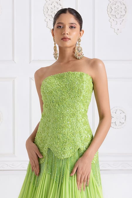 Buy Premya By Manishii Green Tulle, Georgette Embroidery Bandeau Neck Corset With Lehenga Online at Aza Fashions Buy_Premya By Manishii_Green Tulle, Georgette Embroidery Bandeau Neck Corset With Lehenga _Online_at_Aza_Fashions