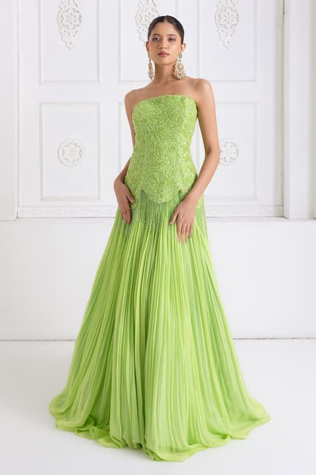 Premya By Manishii Green Tulle, Georgette Embroidery Bandeau Neck Corset With Lehenga