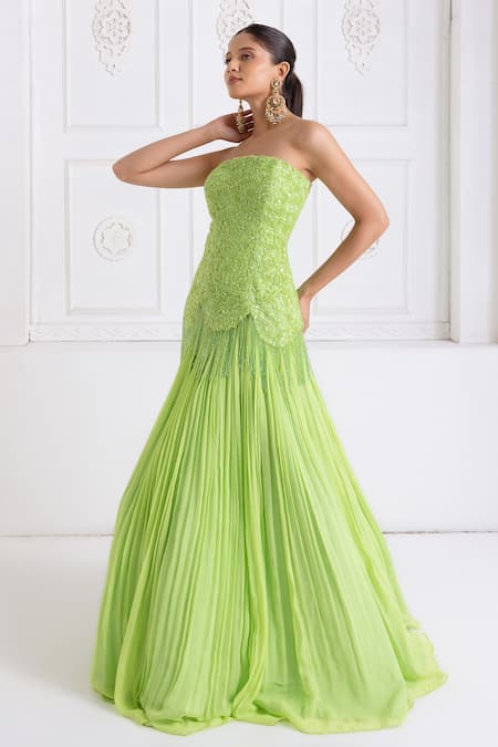 Shop Premya By Manishii Green Tulle, Georgette Embroidery Bandeau Neck Corset With Lehenga Online at Aza Fashions Shop_Premya By Manishii_Green Tulle, Georgette Embroidery Bandeau Neck Corset With Lehenga _Online_at_Aza_Fashions