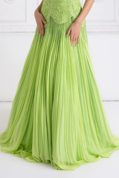 Premya By Manishii Green Tulle, Georgette Embroidery Bandeau Neck Corset With Lehenga at Aza Fashions Premya By Manishii_Green Tulle, Georgette Embroidery Bandeau Neck Corset With Lehenga _at_Aza_Fashions