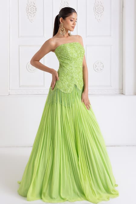 Buy Premya By Manishii Green Tulle, Georgette Embroidery Bandeau Neck Corset With Lehenga Buy_Premya By Manishii_Green Tulle, Georgette Embroidery Bandeau Neck Corset With Lehenga