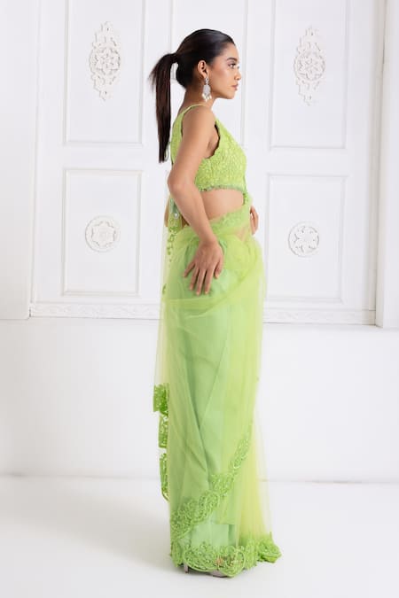 Premya By Manishii_Green Tulle, Lace Lace, Sequins V-neck Embroidered Saree With Blouse _Online_at_Aza_Fashions