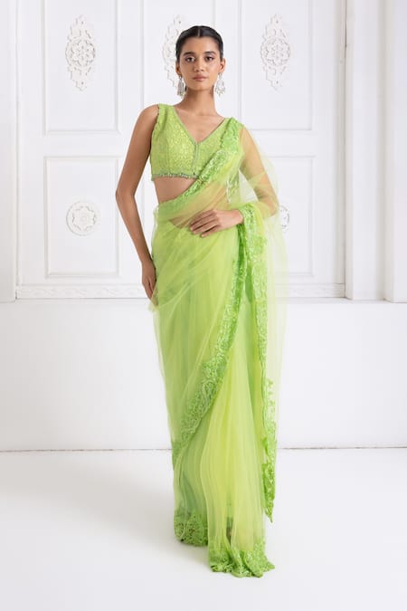Premya By Manishii Green Tulle, Lace Lace, Sequins V-neck Embroidered Saree With Blouse