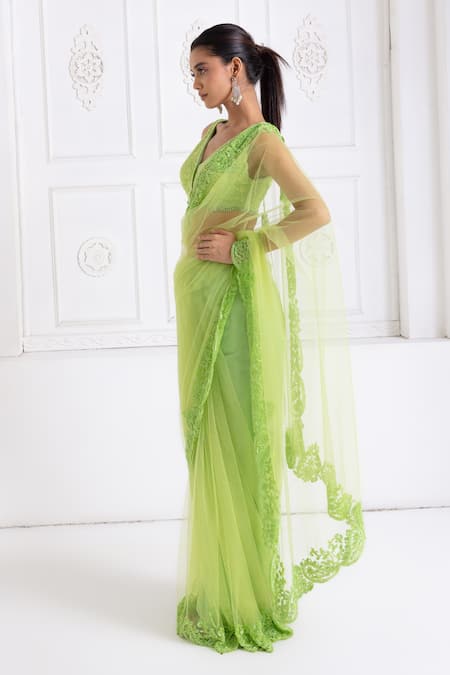 Shop_Premya By Manishii_Green Tulle, Lace Lace, Sequins V-neck Embroidered Saree With Blouse _Online_at_Aza_Fashions