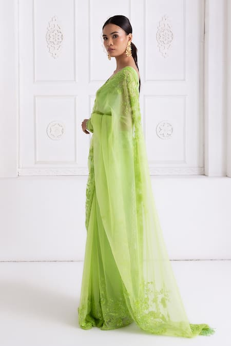 Buy_Premya By Manishii_Green Organza Embroidery V-neck Hand Saree With Blouse _Online_at_Aza_Fashions