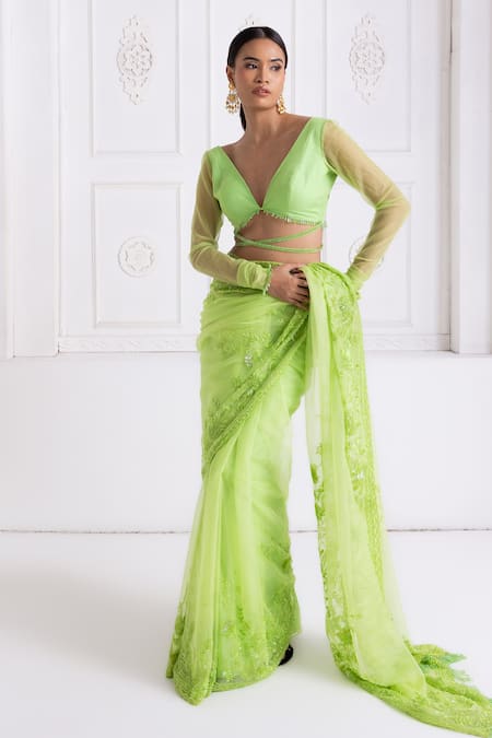 Shop_Premya By Manishii_Green Organza Embroidery V-neck Hand Saree With Blouse _Online_at_Aza_Fashions