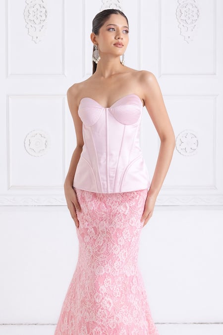 Premya By Manishii Pink Lace, Satin Embroidery Sweetheart Neck Corset With Skirt Online at Aza Fashions Premya By Manishii_Pink Lace, Satin Embroidery Sweetheart Neck Corset With Skirt _Online_at_Aza_Fashions