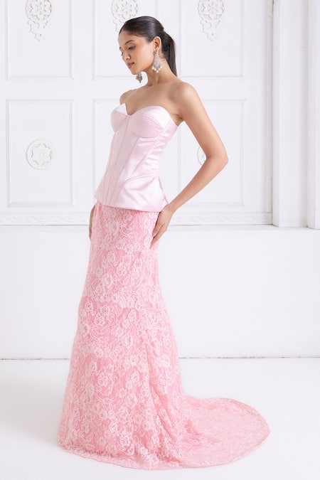 Shop Premya By Manishii Pink Lace, Satin Embroidery Sweetheart Neck Corset With Skirt Online at Aza Fashions Shop_Premya By Manishii_Pink Lace, Satin Embroidery Sweetheart Neck Corset With Skirt _Online_at_Aza_Fashions