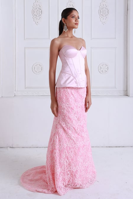 Premya By Manishii Pink Lace, Satin Embroidery Sweetheart Neck Corset With Skirt at Aza Fashions Premya By Manishii_Pink Lace, Satin Embroidery Sweetheart Neck Corset With Skirt _at_Aza_Fashions