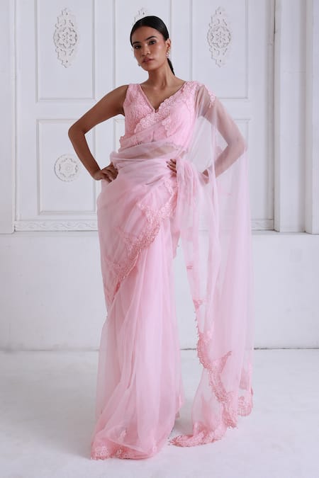 Premya By Manishii_Pink Tulle, Organza, Lace Lace, Embroidery V-neck Floral Saree With Blouse _at_Aza_Fashions