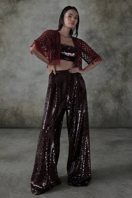 Premya By Manishii_Maroon Crepe, Silk, Net Sequins, Beads, Embroidery, Hand Jacket Pant Set _Online_at_Aza_Fashions