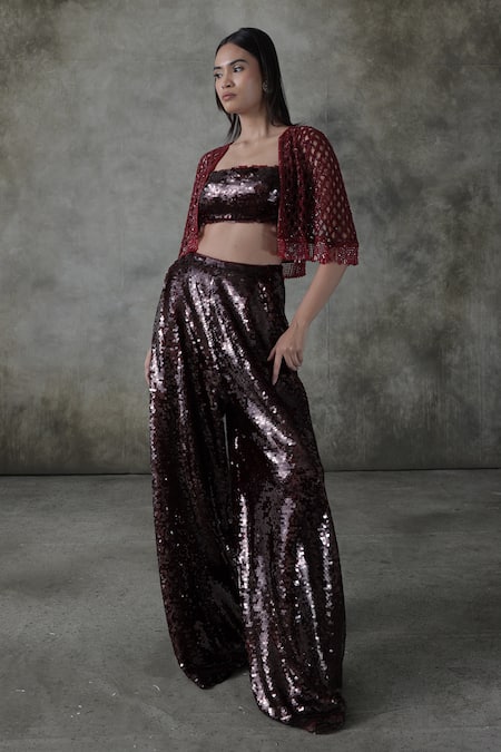 Buy_Premya By Manishii_Maroon Crepe, Silk, Net Sequins, Beads, Embroidery, Hand Jacket Pant Set _Online_at_Aza_Fashions