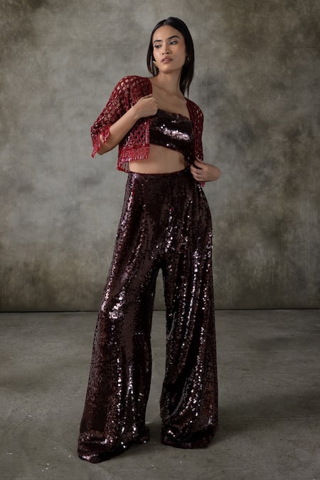 Premya By Manishii Maroon Crepe, Silk, Net Sequins, Beads, Embroidery, Hand Jacket Pant Set