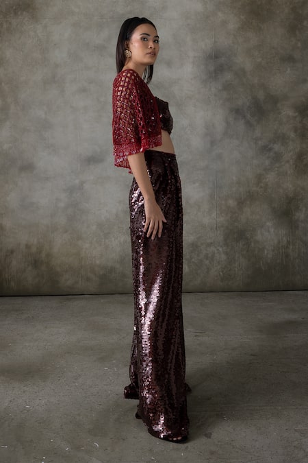 Shop_Premya By Manishii_Maroon Crepe, Silk, Net Sequins, Beads, Embroidery, Hand Jacket Pant Set _Online_at_Aza_Fashions
