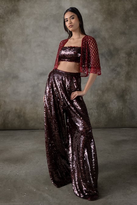 Premya By Manishii_Maroon Crepe, Silk, Net Sequins, Beads, Embroidery, Hand Jacket Pant Set _at_Aza_Fashions
