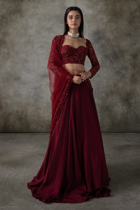 Premya By Manishii Maroon Tulle, Georgette Sequins, Embroidery Sweetheart Neck Hand Lehenga Set