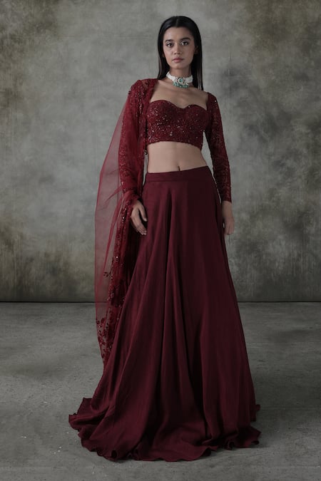 Premya By Manishii_Maroon Tulle, Georgette Sequins, Embroidery Sweetheart Neck Hand Lehenga Set _Online_at_Aza_Fashions