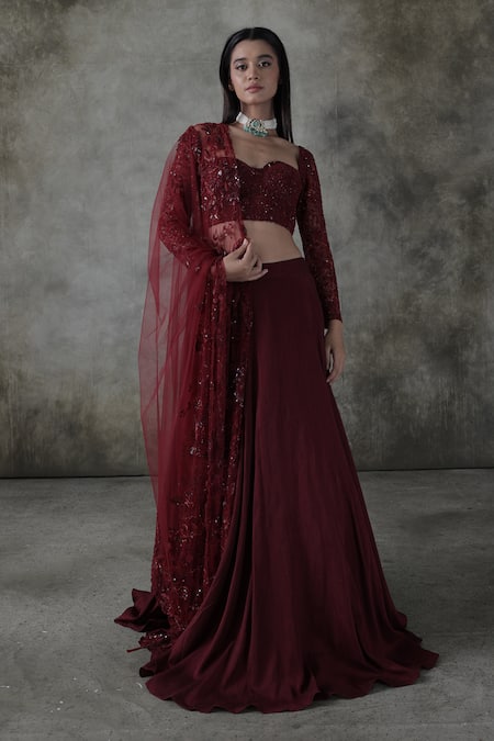 Buy_Premya By Manishii_Maroon Tulle, Georgette Sequins, Embroidery Sweetheart Neck Hand Lehenga Set _Online_at_Aza_Fashions