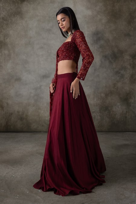 Shop_Premya By Manishii_Maroon Tulle, Georgette Sequins, Embroidery Sweetheart Neck Hand Lehenga Set _Online_at_Aza_Fashions