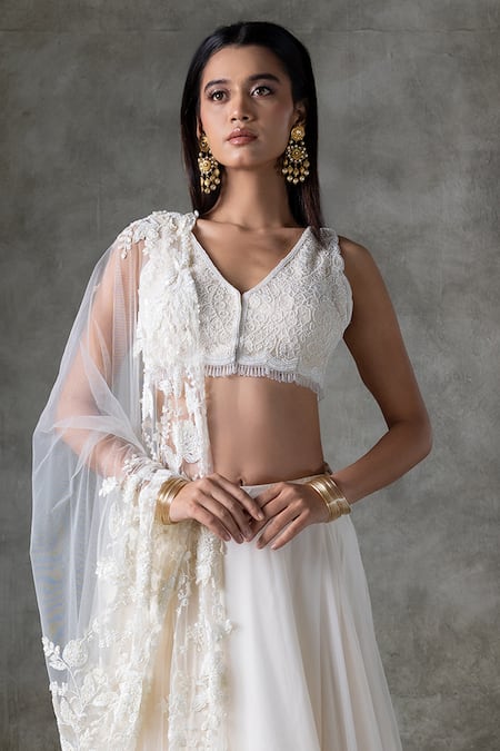 Premya By Manishii_Ivory Tulle, Organza, Lace Lace, Embroidery V-neck Hand Lehenga Set _Online_at_Aza_Fashions