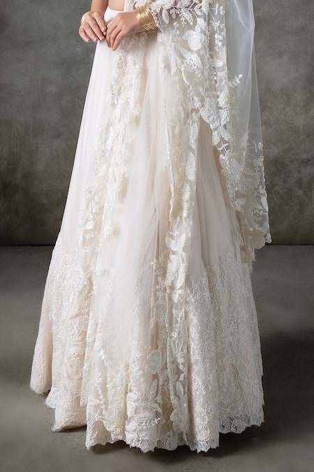 Shop_Premya By Manishii_Ivory Tulle, Organza, Lace Lace, Embroidery V-neck Hand Lehenga Set _Online_at_Aza_Fashions