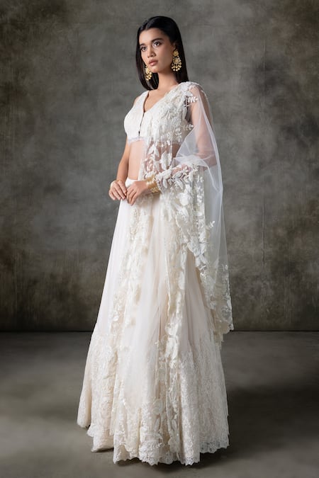 Premya By Manishii_Ivory Tulle, Organza, Lace Lace, Embroidery V-neck Hand Lehenga Set _at_Aza_Fashions