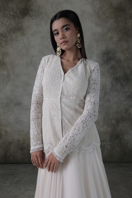 Premya By Manishii_Ivory Tulle, Organza, Lace Lace, Embroidery V-neck Hand Kurta With Lehenga _Online_at_Aza_Fashions