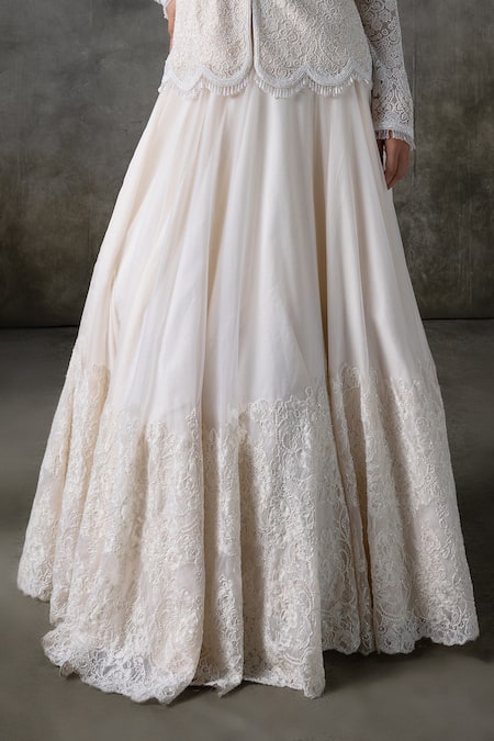 Shop_Premya By Manishii_Ivory Tulle, Organza, Lace Lace, Embroidery V-neck Hand Kurta With Lehenga _Online_at_Aza_Fashions