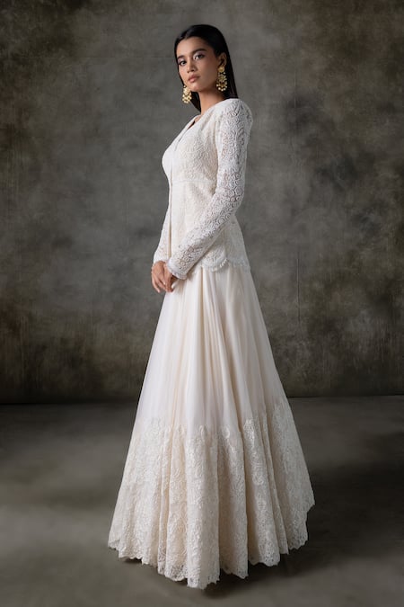 Premya By Manishii_Ivory Tulle, Organza, Lace Lace, Embroidery V-neck Hand Kurta With Lehenga _at_Aza_Fashions