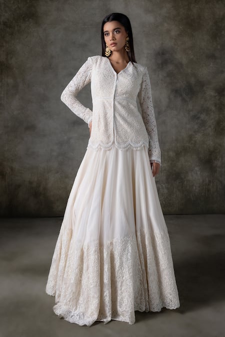 Premya By Manishii Ivory Tulle, Organza, Lace Lace, Embroidery V-neck Hand Kurta With Lehenga