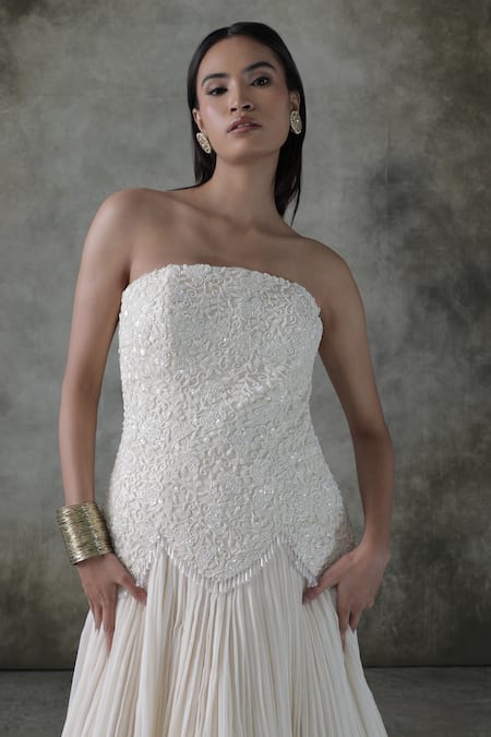 Shop_Premya By Manishii_Ivory Tulle, Georgette Embroidery Bandeau Neck Corset With Lehenga _Online_at_Aza_Fashions