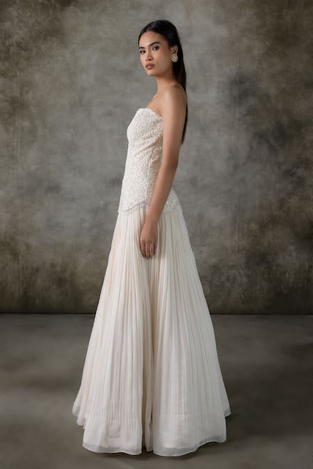Premya By Manishii_Ivory Tulle, Georgette Embroidery Bandeau Neck Corset With Lehenga _at_Aza_Fashions