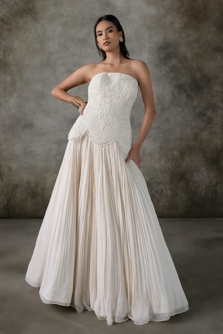 Premya By Manishii Ivory Tulle, Georgette Embroidery Bandeau Neck Corset With Lehenga