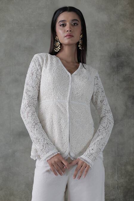 Premya By Manishii_Ivory Tulle, Organza, V-neck Embroidered Kurta With Pant _Online_at_Aza_Fashions