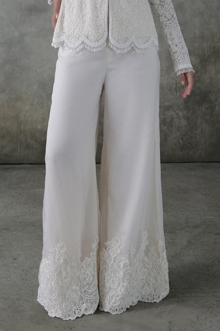 Buy_Premya By Manishii_Ivory Tulle, Organza, V-neck Embroidered Kurta With Pant _Online_at_Aza_Fashions