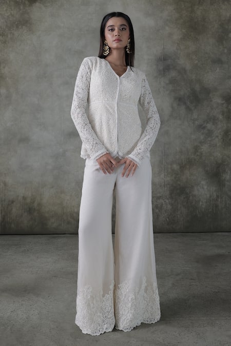 Premya By Manishii Ivory Tulle, Organza, V-neck Embroidered Kurta With Pant