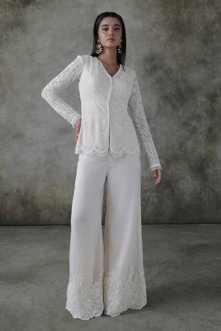 Shop_Premya By Manishii_Ivory Tulle, Organza, V-neck Embroidered Kurta With Pant _Online_at_Aza_Fashions