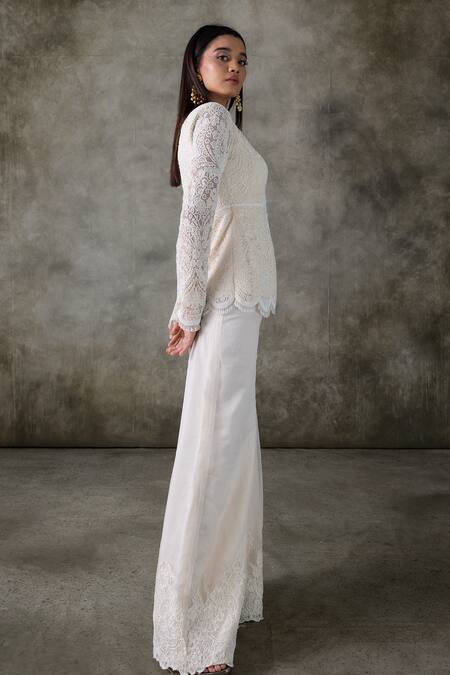 Premya By Manishii_Ivory Tulle, Organza, V-neck Embroidered Kurta With Pant _at_Aza_Fashions