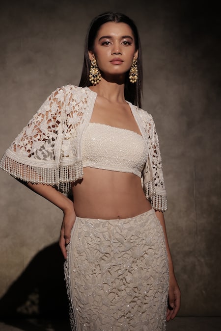 Premya By Manishii_Ivory Embroidery Open , Square Floral Jacket And Skirt Set _Online_at_Aza_Fashions