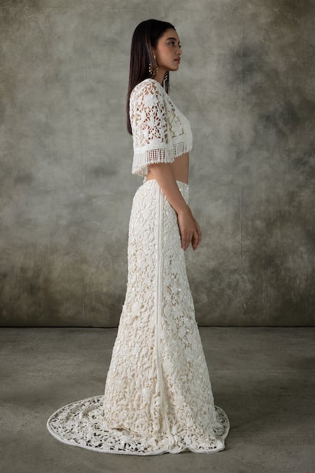 Buy_Premya By Manishii_Ivory Embroidery Open , Square Floral Jacket And Skirt Set _Online_at_Aza_Fashions