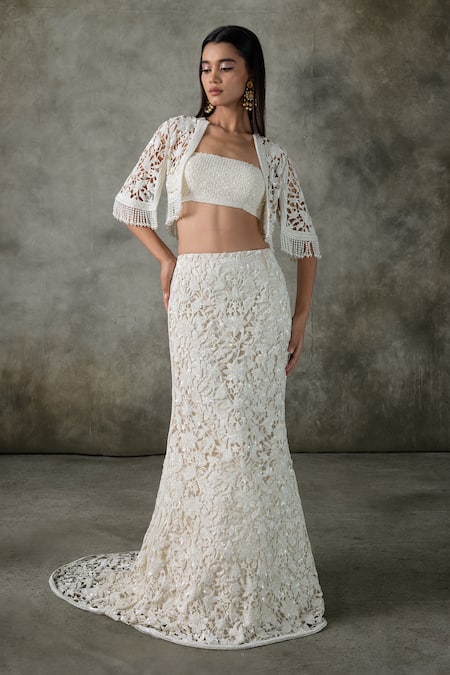 Shop_Premya By Manishii_Ivory Embroidery Open , Square Floral Jacket And Skirt Set _Online_at_Aza_Fashions