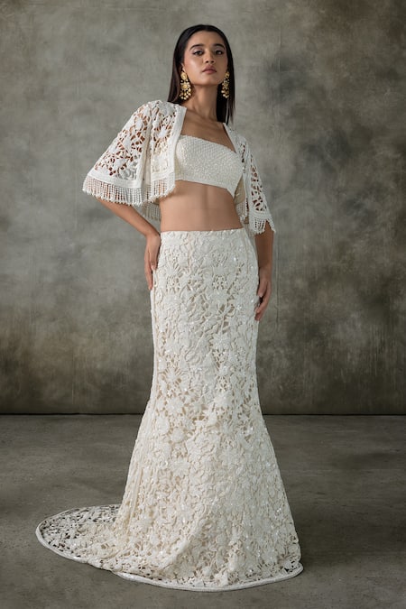 Premya By Manishii_Ivory Embroidery Open , Square Floral Jacket And Skirt Set _at_Aza_Fashions