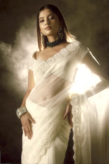 Premya By Manishii_Ivory Tulle, Organza, Lace Pearls Sweetheart Neck Embroidered Blouse With Saree _Online_at_Aza_Fashions