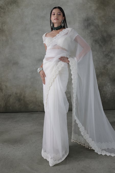 Buy_Premya By Manishii_Ivory Tulle, Organza, Lace Pearls Sweetheart Neck Embroidered Blouse With Saree _Online_at_Aza_Fashions