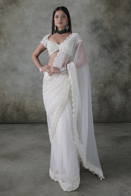 Premya By Manishii Ivory Tulle, Organza, Lace Pearls Sweetheart Neck Embroidered Blouse With Saree