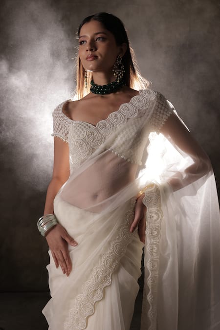 Shop_Premya By Manishii_Ivory Tulle, Organza, Lace Pearls Sweetheart Neck Embroidered Blouse With Saree _Online_at_Aza_Fashions