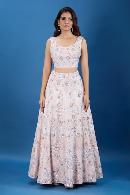 Samyukta Singhania_Pink Silk, Net Sequins, Stones Notched Neck Work Lehenga Set_Online_at_Aza_Fashions